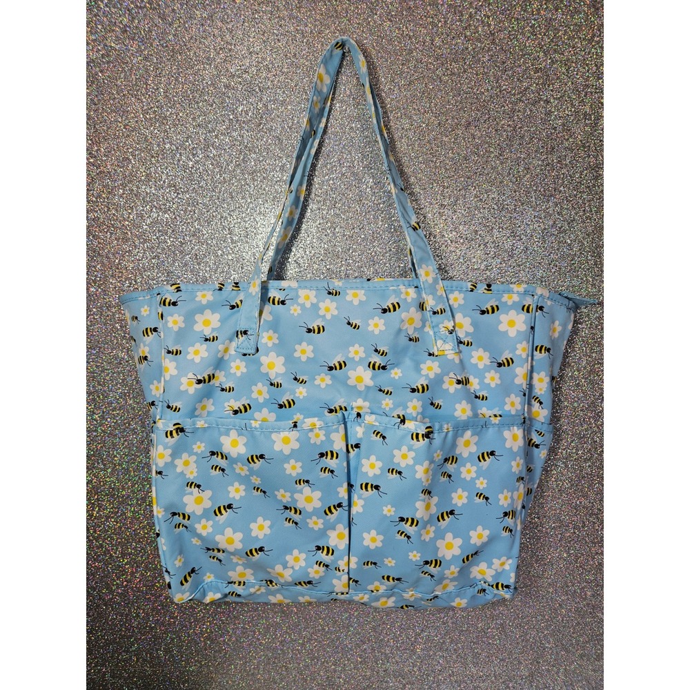 Blue Bumblebee Daisy Floral Canvas Tote Bag Travel, Knitting, Shopping, CarryAll